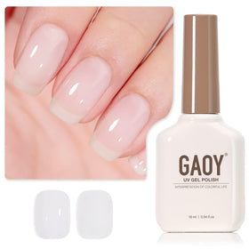 GAOY bottle front view showing milky white nude 1482 and clear branding, displays polish tone