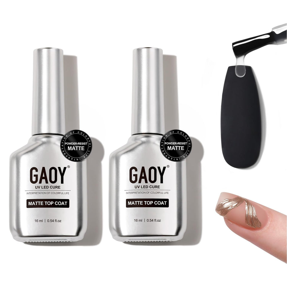 GAOY front view of two matte top coat bottles showing packaging and volume benefit