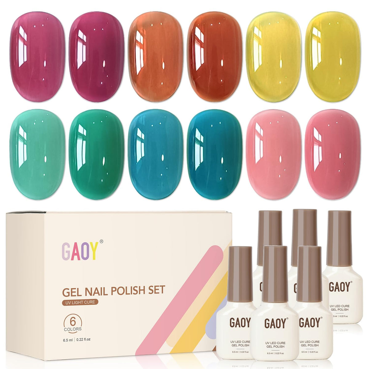 GAOY front view of six jelly gel bottles showing colors and salon-ready kit benefits