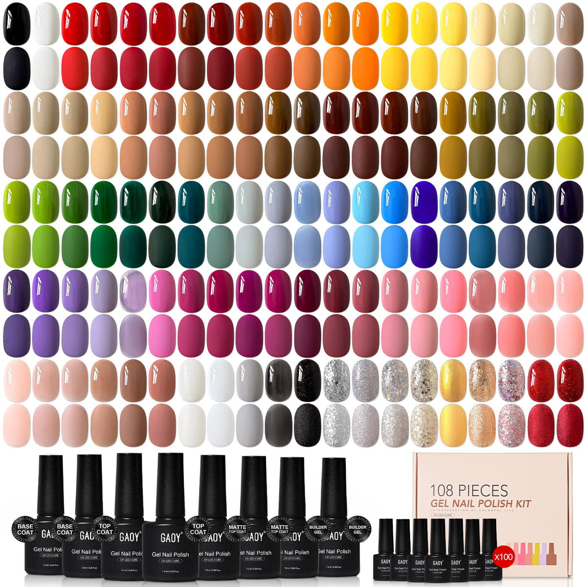 GAOY front packaging showing 108-piece kit with organized bottles and essentials for variety