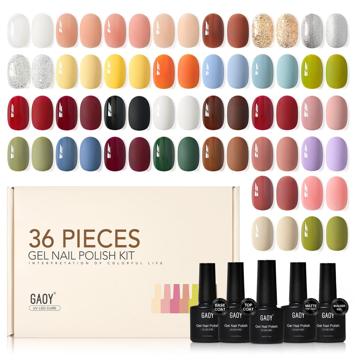 GAOY front packaging showing 36-piece kit and versatile color range benefit