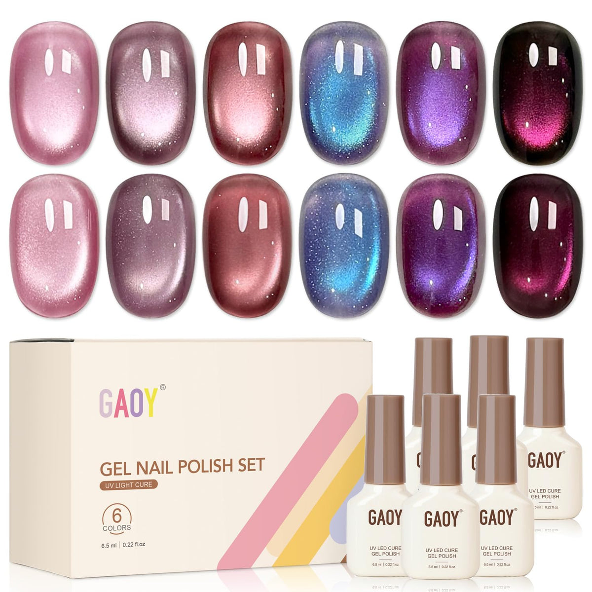 GAOY front packaging showing six purple gel bottles and included magnet for versatile manicures