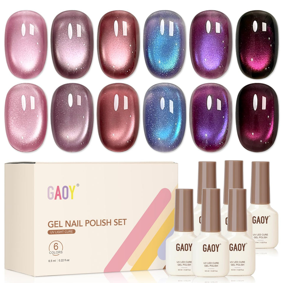GAOY front packaging showing six purple gel bottles and included magnet for versatile manicures