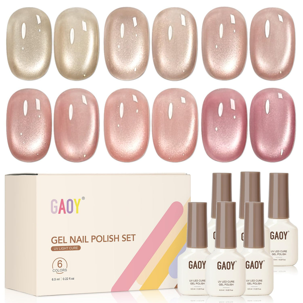 GAOY front packaging showing six bottles and included magnet, perfect for versatile looks