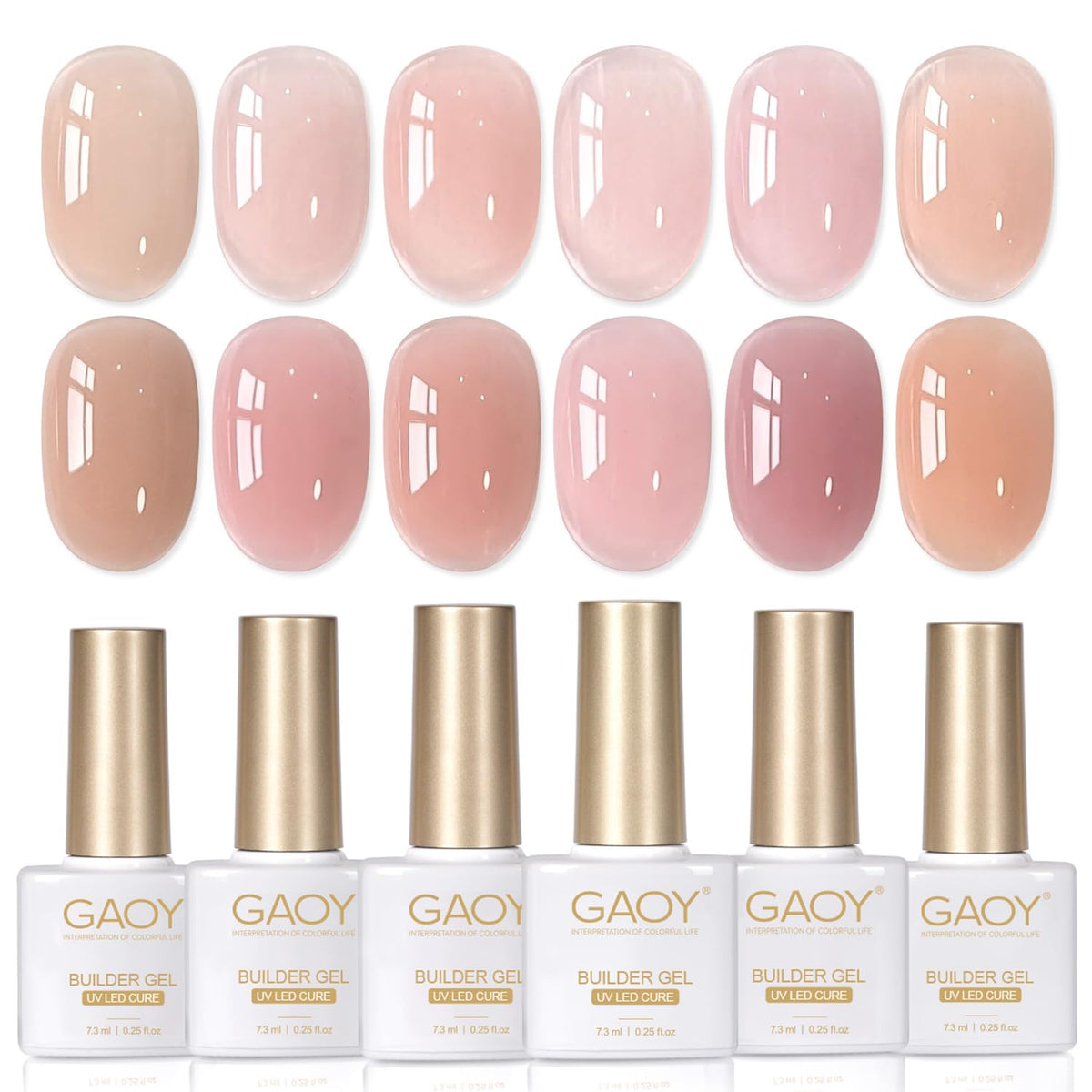 GAOY front packaging showing six builder gel bottles and color range, ideal for home manicures