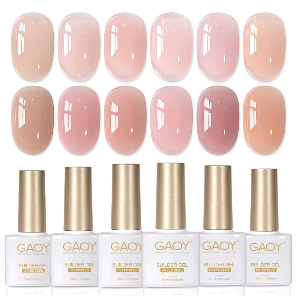 GAOY front packaging showing six builder gel bottles and color range, ideal for home manicures