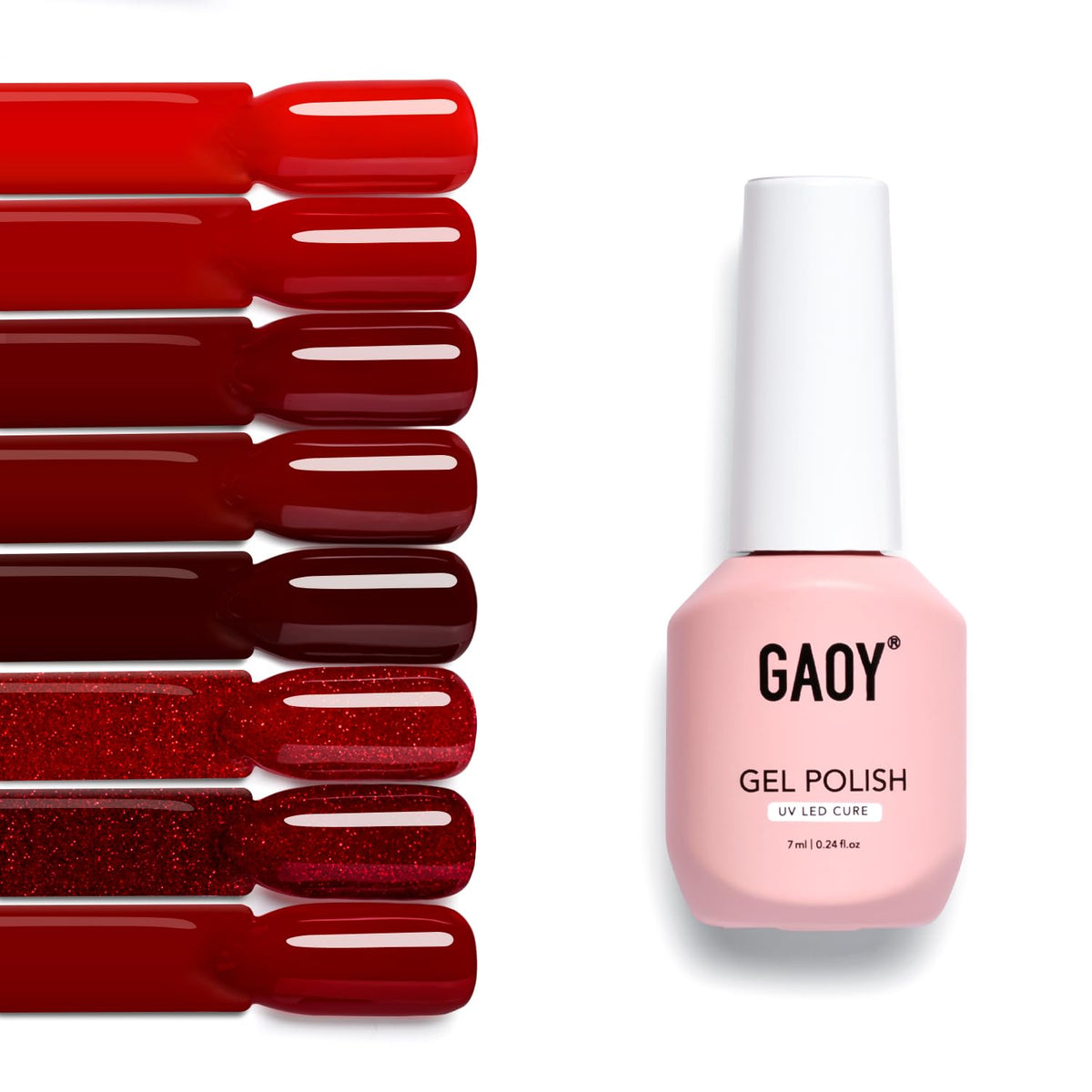 GAOY front view of eight red gel bottles showing full kit and colors benefit durable selection