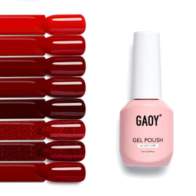 GAOY front view of eight red gel bottles showing full kit and colors benefit durable selection