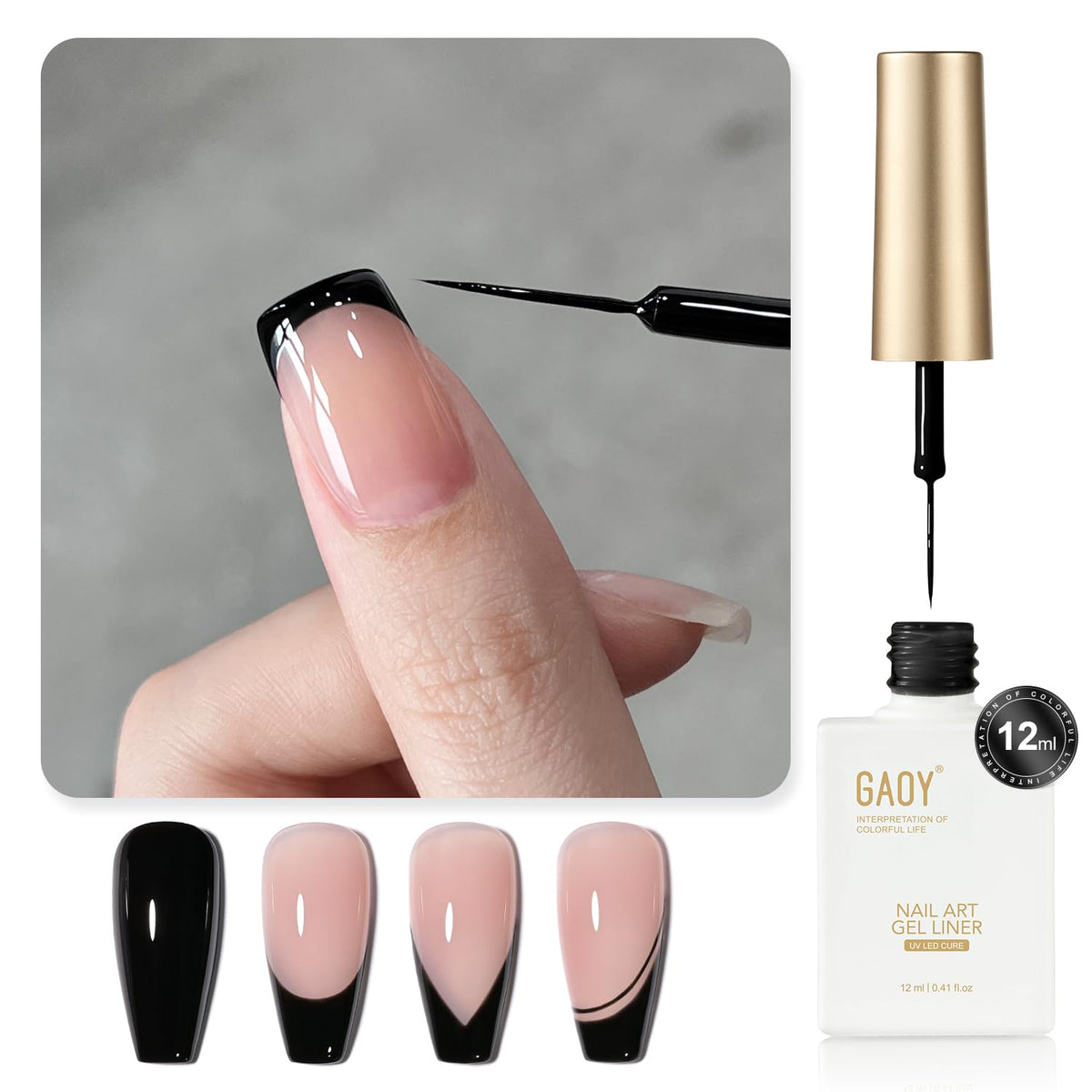 GAOY front packaging showing 12ml liner, clear product benefit control