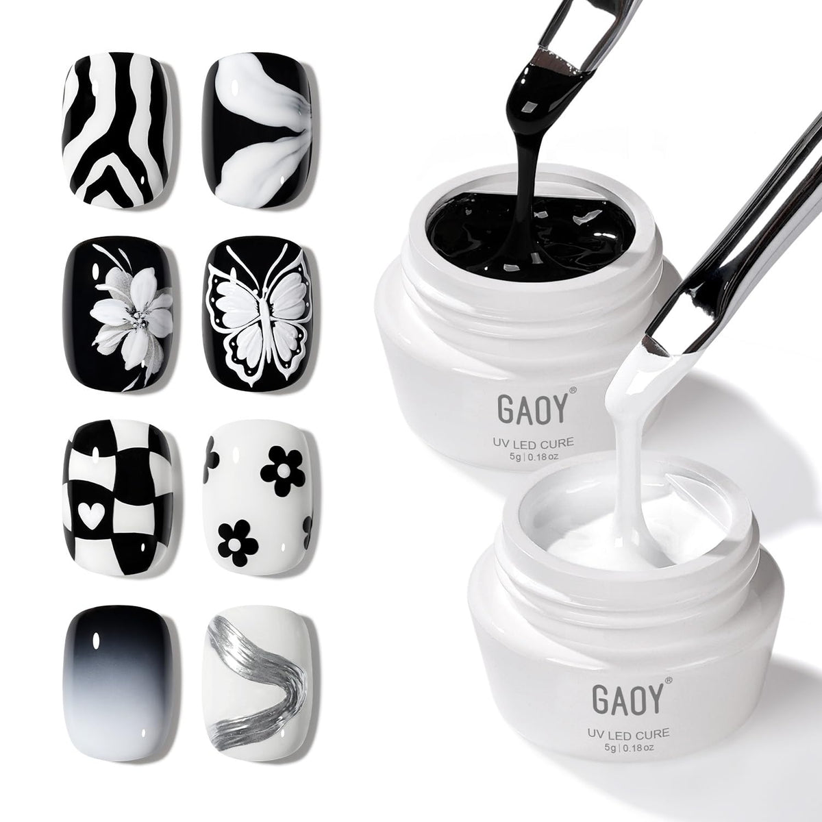 GAOY front view of black and white gel jars showing compact packaging benefit