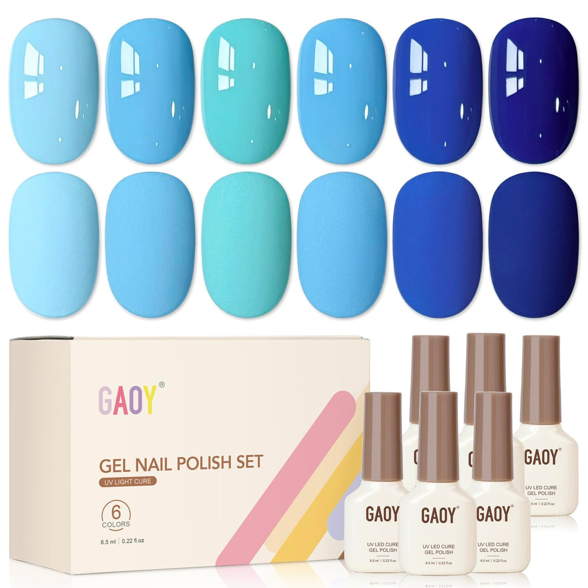 GAOY front packaging showing six blue gel polishes and kit layout for easy selection