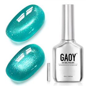 GAOY bottle front packaging showing turquoise-teal cat-eye gel and label, professional finish