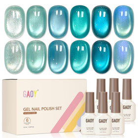 GAOY front packaging showing six blue mirage gel bottles and magnet for easy selection