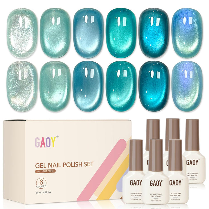 GAOY front packaging showing six blue mirage gel bottles and magnet for easy selection