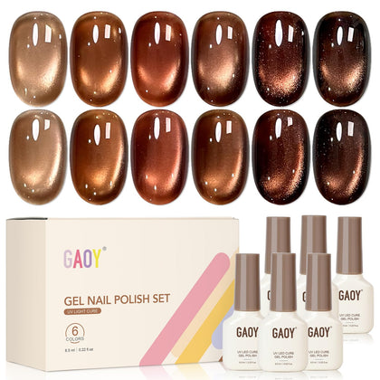 GAOY front packaging showing six brown cat eye gel polishes and magnet, instant kit appeal