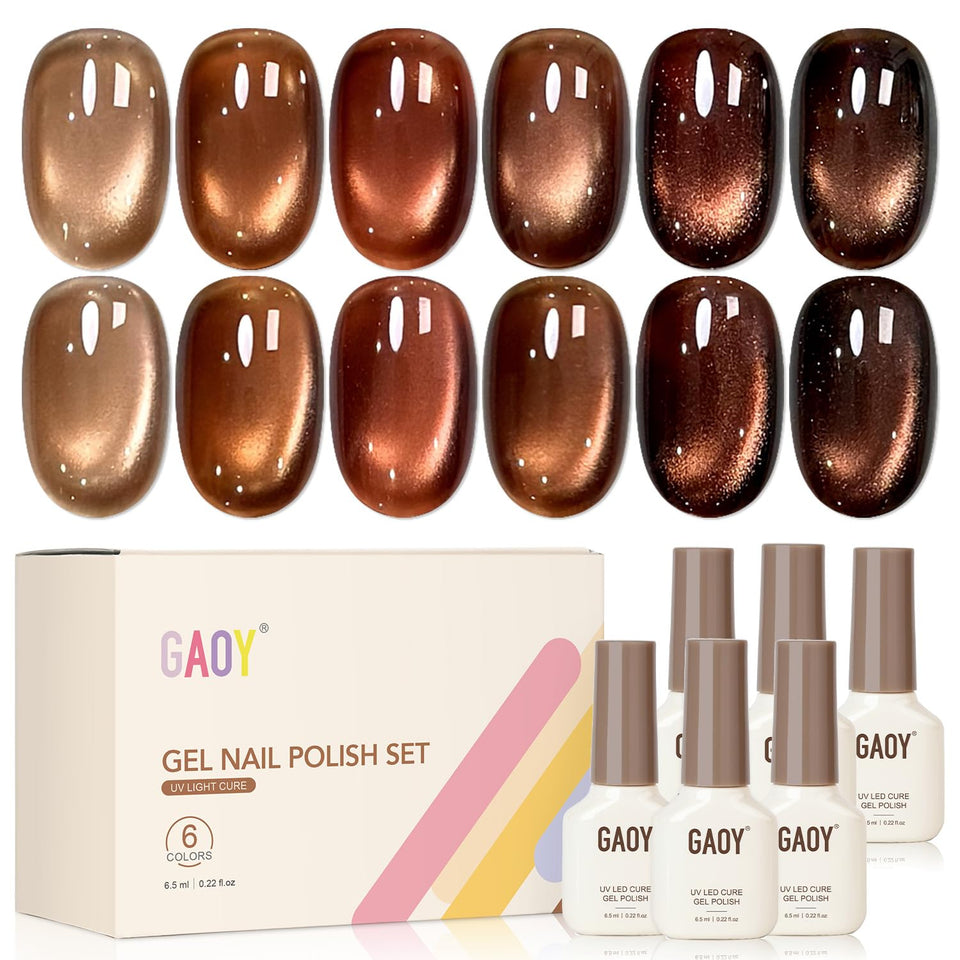 GAOY front packaging showing six brown cat eye gel polishes and magnet, instant kit appeal