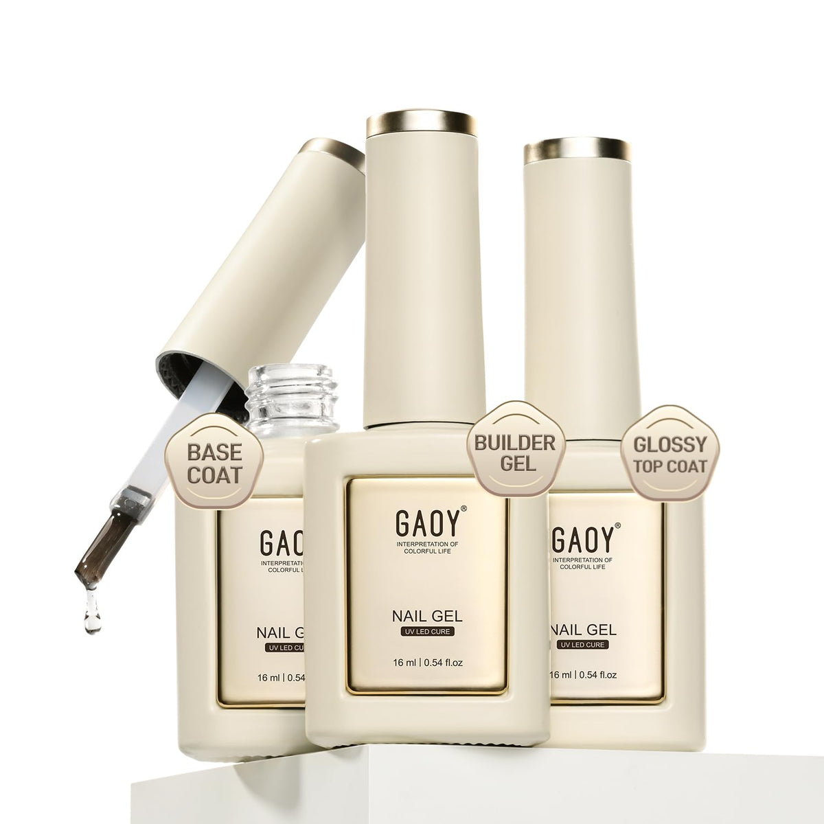 GAOY front packaging showing three clear 16ml bottles and glossy finish benefit