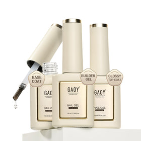 GAOY front packaging showing three clear 16ml bottles and glossy finish benefit