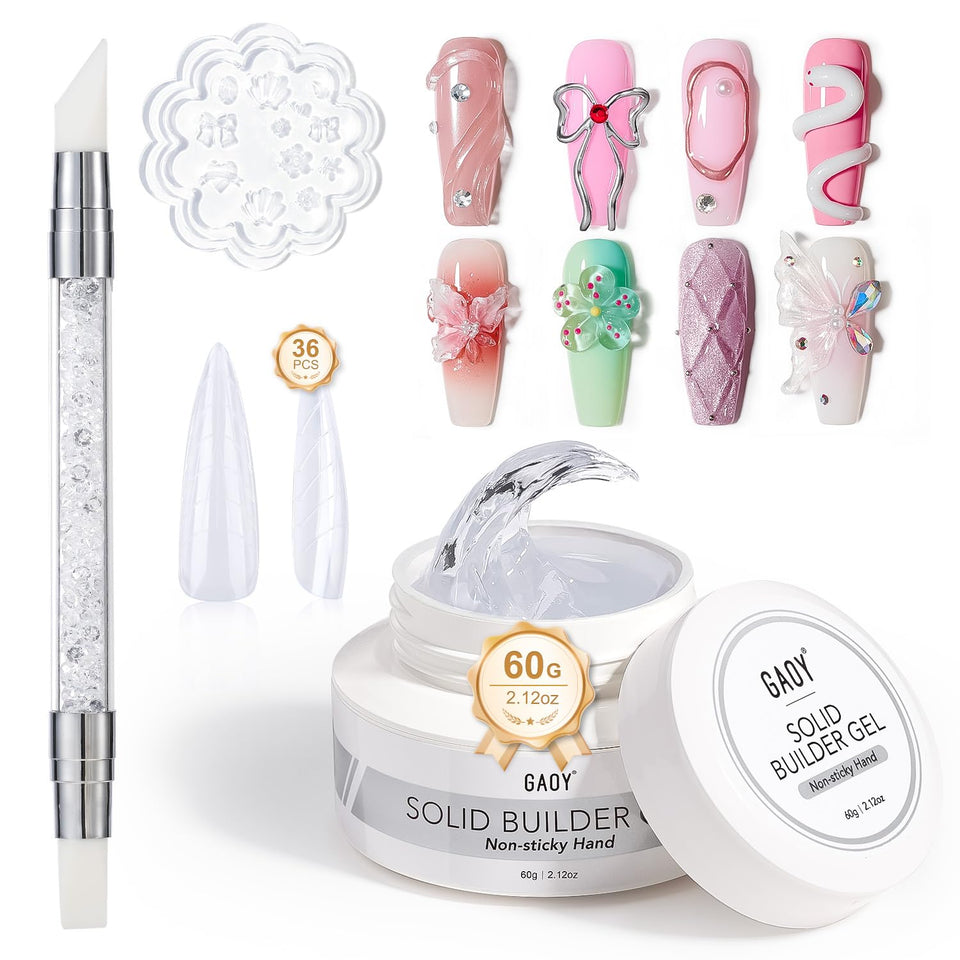 GAOY front packaging showing clear 60g solid builder gel and accessories for reliable results