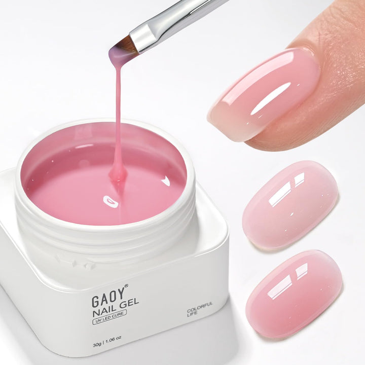 GAOY front packaging showing 30g flamingo pink builder base, easy salon results