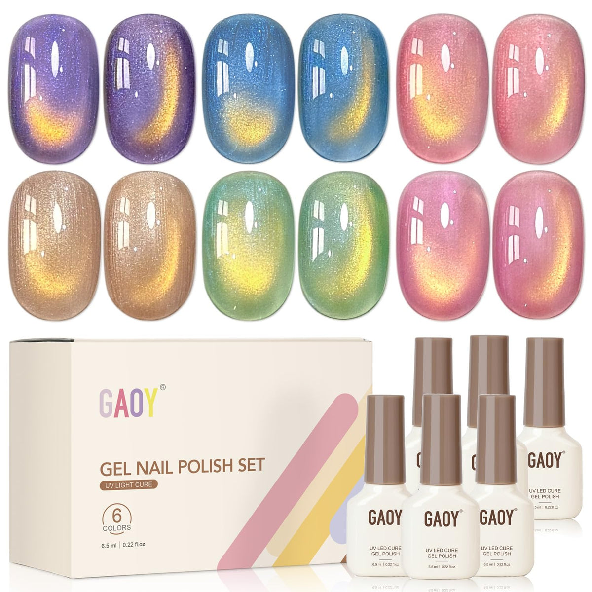 GAOY front packaging showing six glitter cat eye gel bottles and magnet, clear kit view