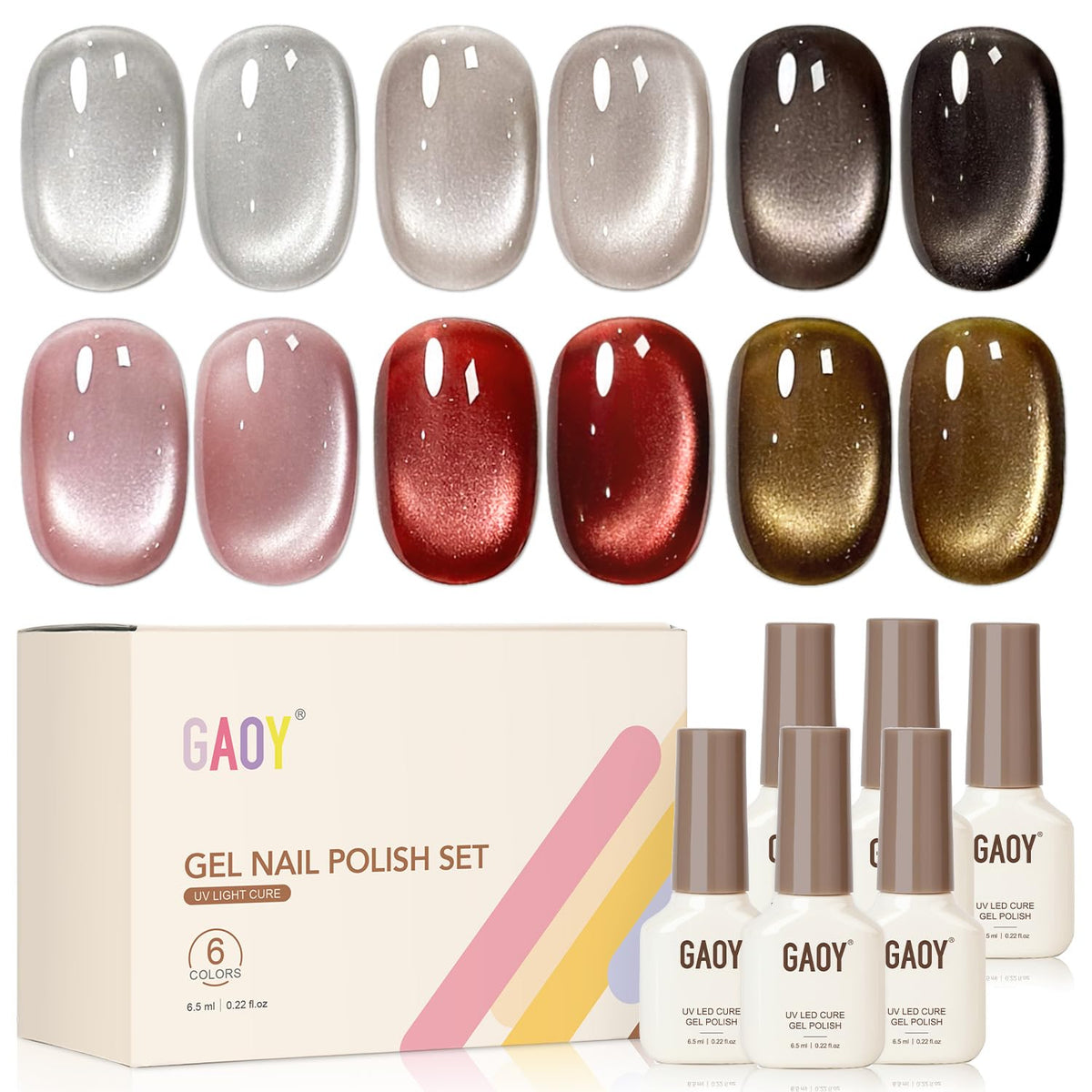 GAOY front packaging of glitter cat eye set shows included bottles and magnet, easy salon kit benefit