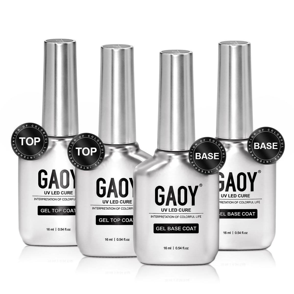 GAOY front packaging showing four 16ml bottles and glossy finish benefit