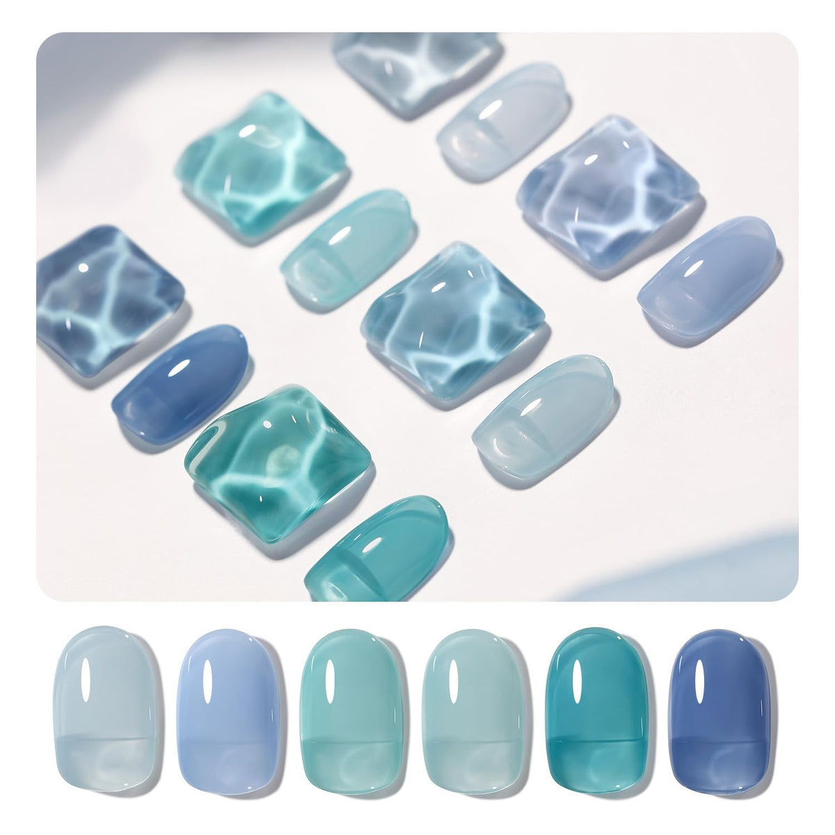 GAOY front packaging showing six jelly blue gel bottles and set benefit clarity