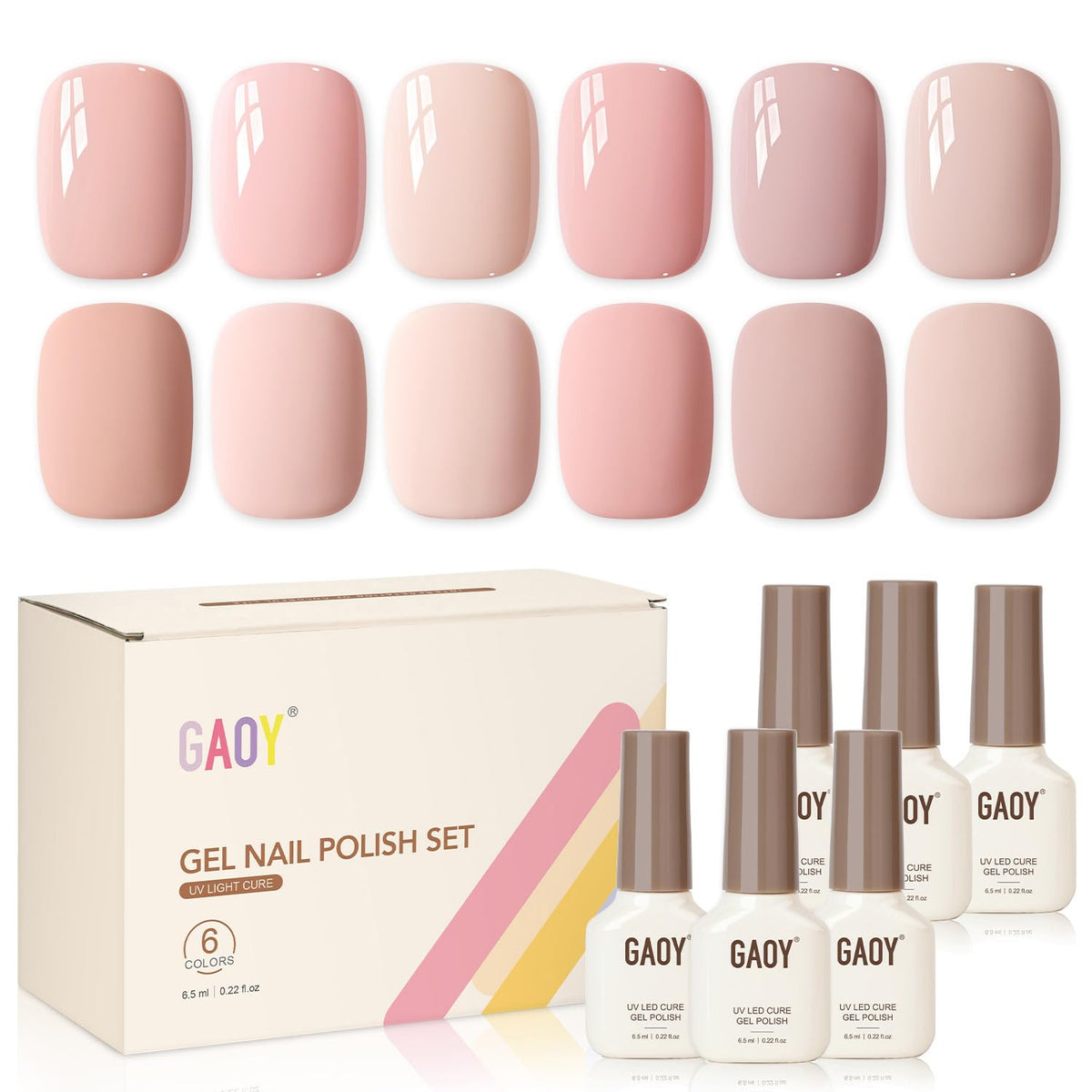 GAOY front packaging of six macaron gel colors showing palette and compact box benefit