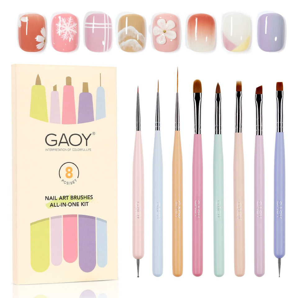 GAOY front packaging showing complete 8-piece nail brush set and tools benefit precision