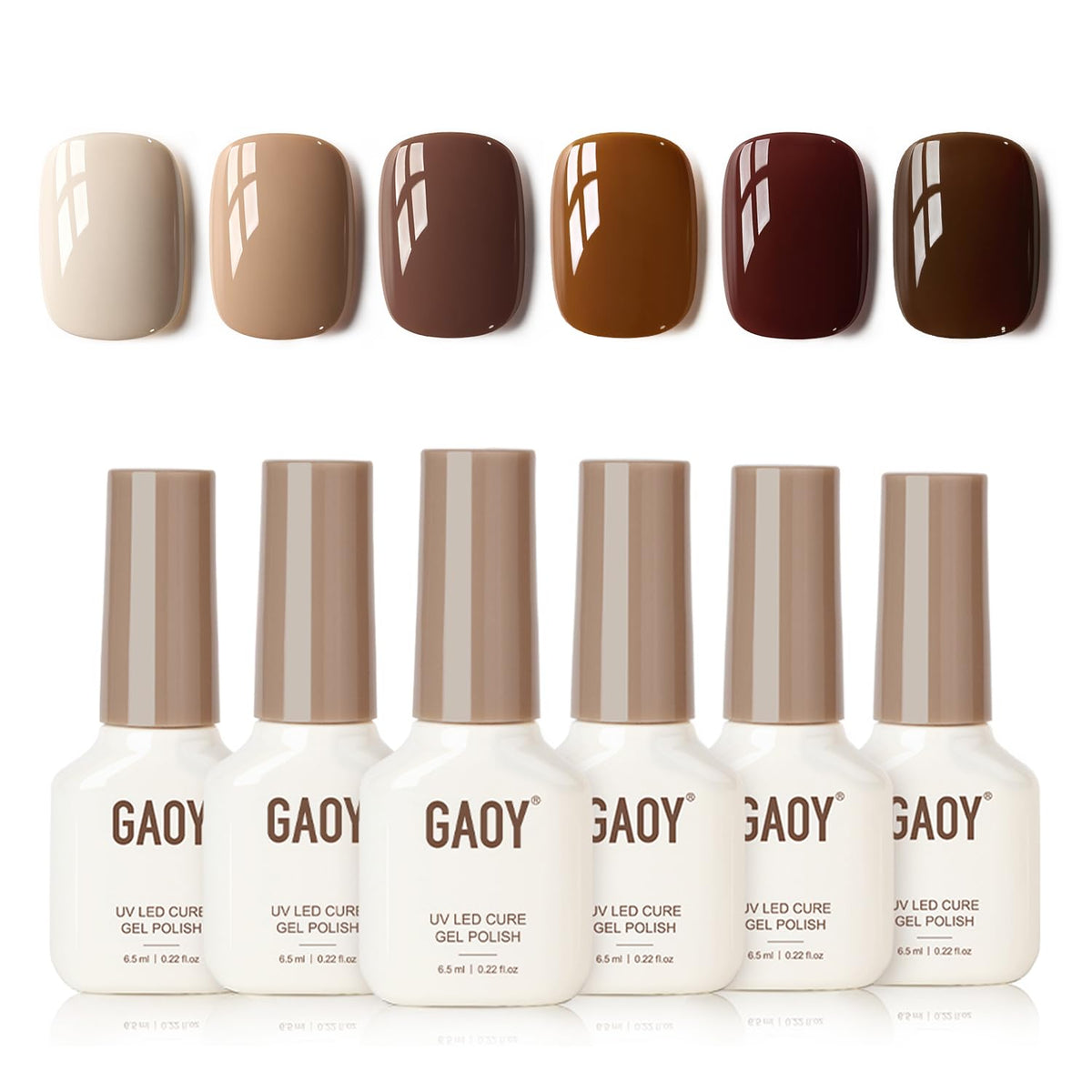 GAOY front packaging of nude brown gel set showing six bottles and benefit of coordinated shades