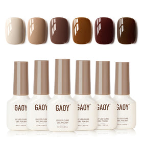 GAOY front packaging of nude brown gel set showing six bottles and benefit of coordinated shades