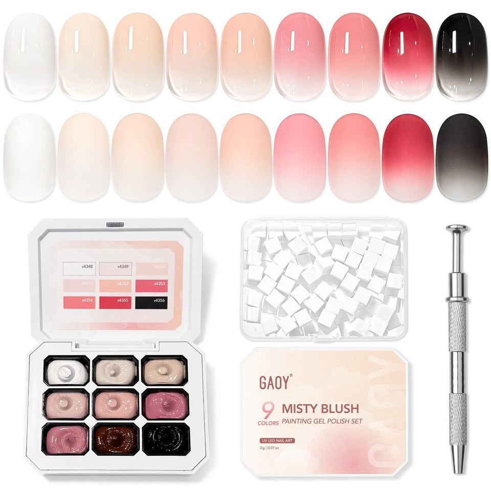 GAOY front packaging showing nine ombre patting gel jars and benefits