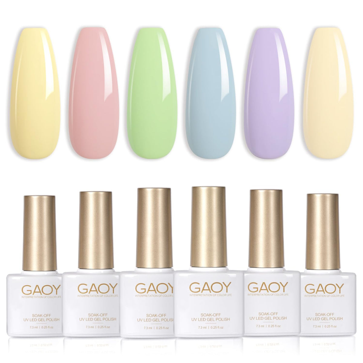 GAOY front packaging showing six pastel gel bottles and kit benefit visibility