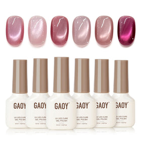 GAOY front packaging showing six polish bottles and magnet, showcases kit completeness