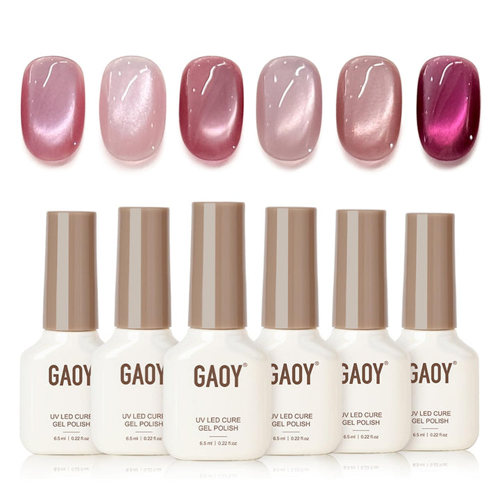 GAOY front packaging showing six polish bottles and magnet, showcases kit completeness