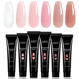 GAOY kit front packaging showing six pinkish-nude jars and clear builder gel benefits easy setup