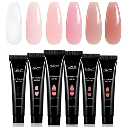 GAOY kit front packaging showing six pinkish-nude jars and clear builder gel benefits easy setup