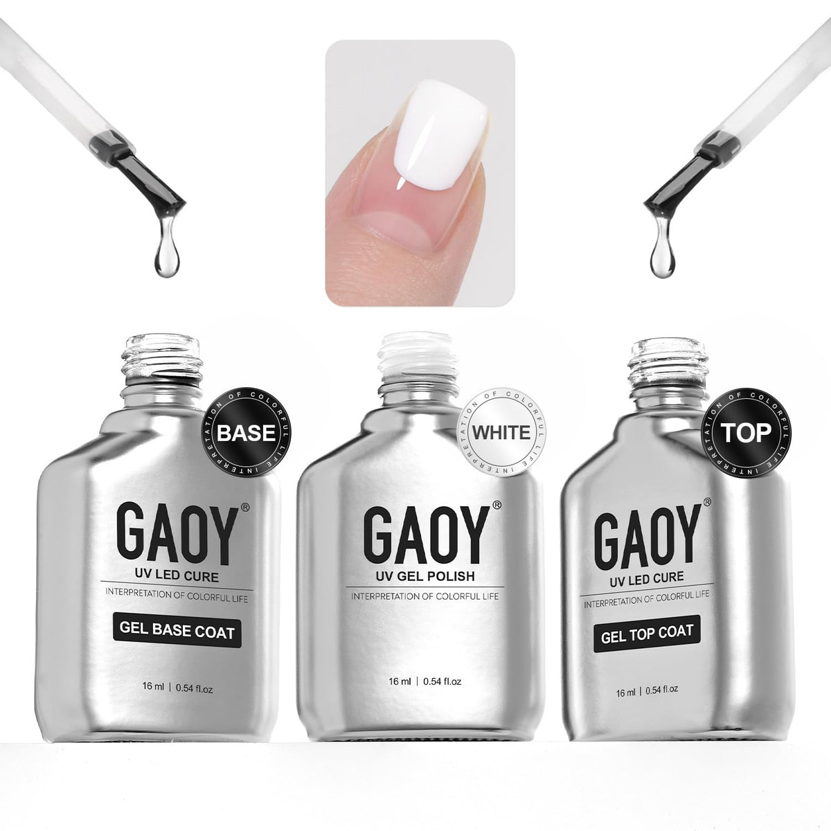 GAOY front-packaging set showing three 16ml bottles and chrome finish, professional look