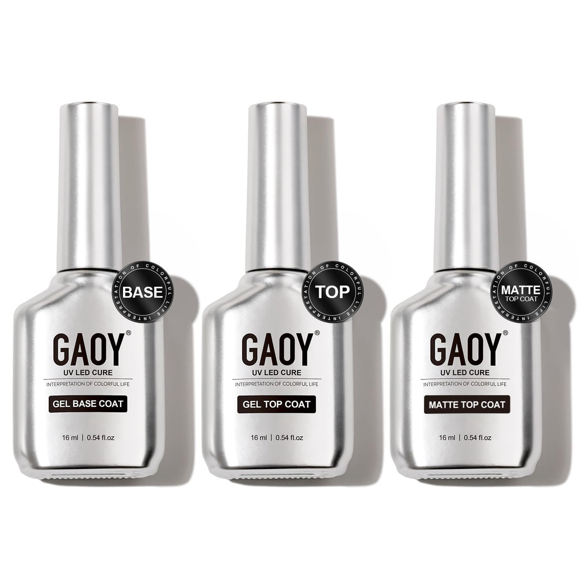 GAOY front packaging set showing three 16ml bottles and chrome design for professional appeal