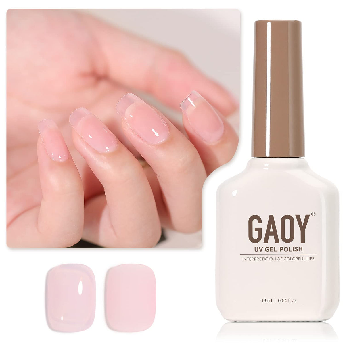 GAOY bottle front packaging showing sheer hot pink 1353, clear color preview and benefit