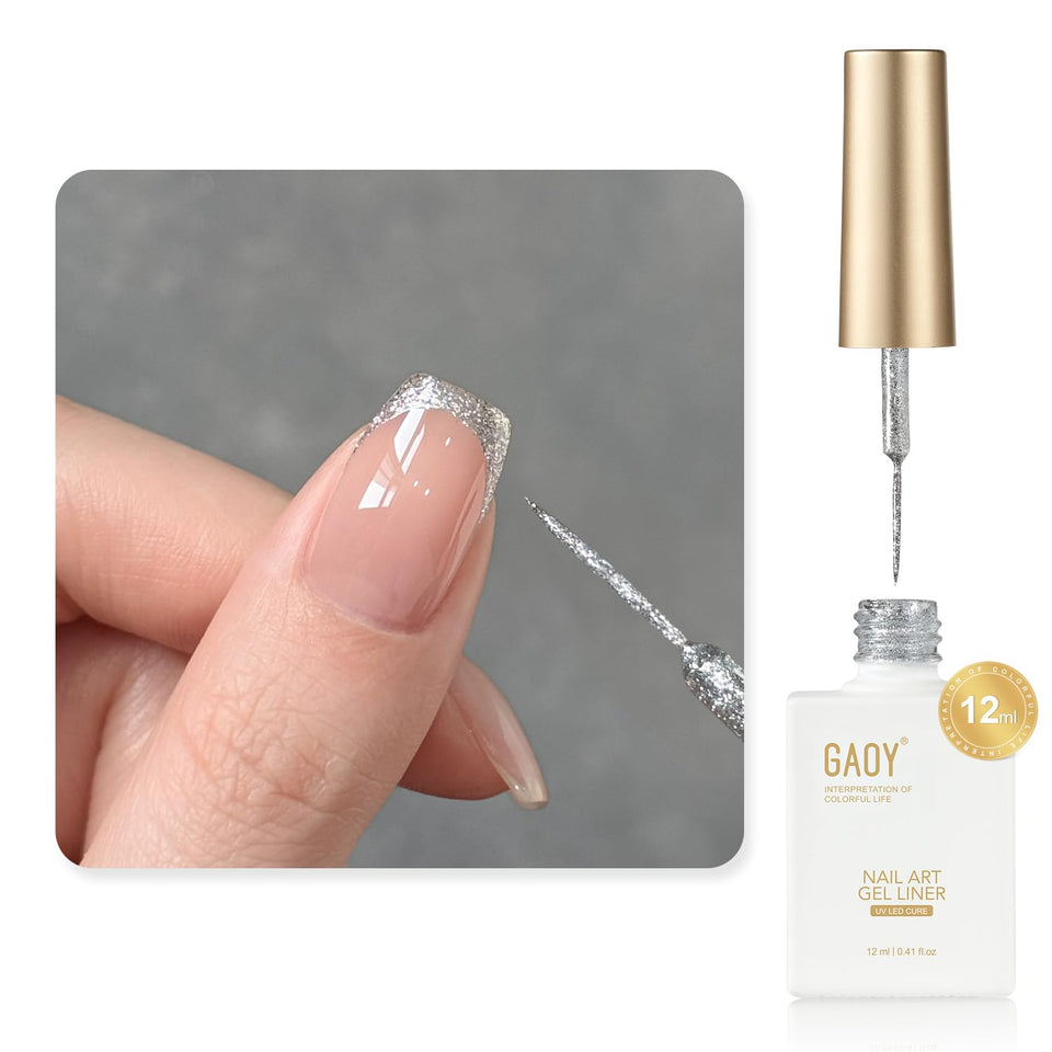 GAOY front packaging showing 12ml glitter liner with clear label and benefit