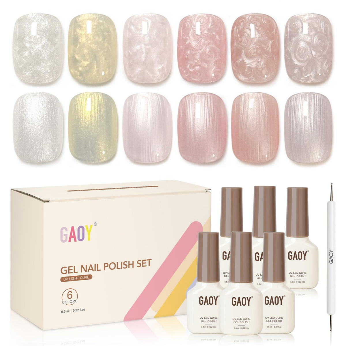 GAOY six-bottle front packaging showing color range and kit contents for easy choice