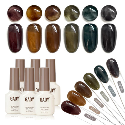 GAOY front packaging showing six milky-jelly gel bottles for versatile salon looks