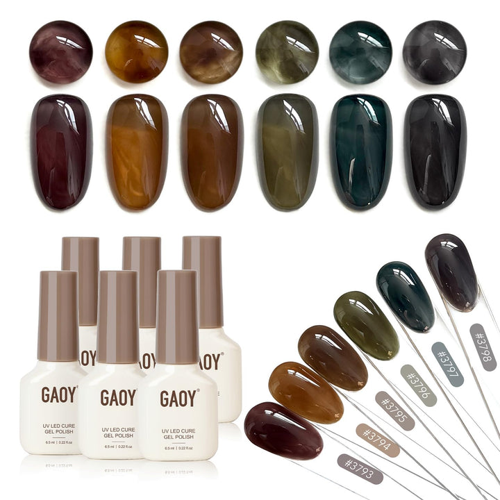 GAOY front packaging showing six milky-jelly gel bottles for versatile salon looks