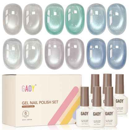 GAOY front packaging showing six magnetic gel bottles and included magnet, easy salon kit benefit