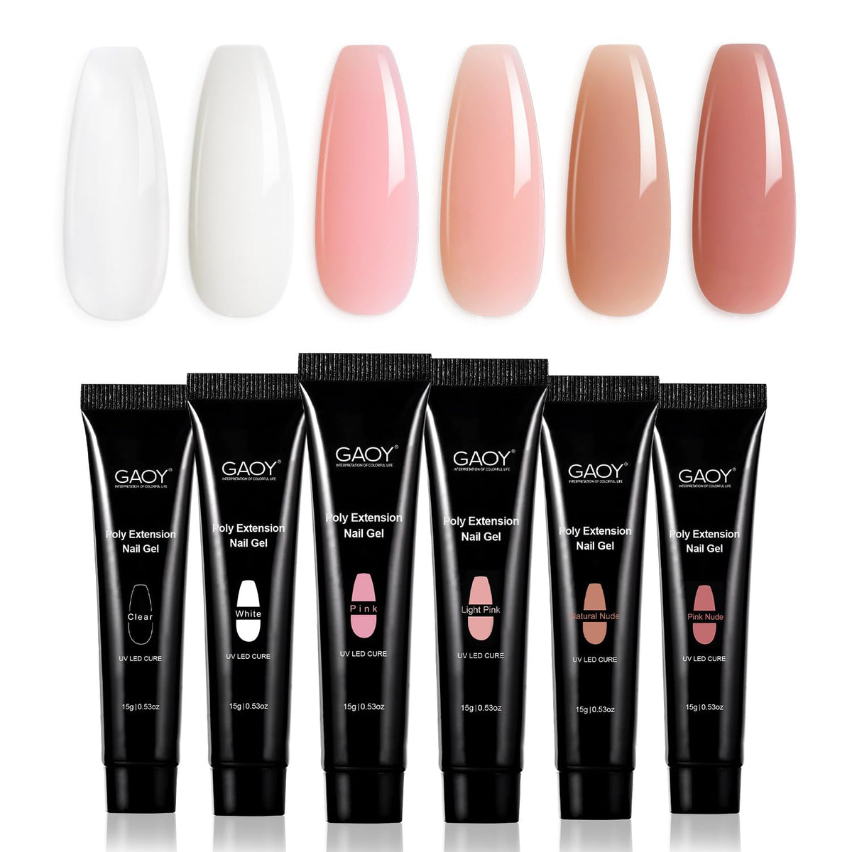 GAOY front packaging showing six poly gel tubs, conveys kit variety and convenience