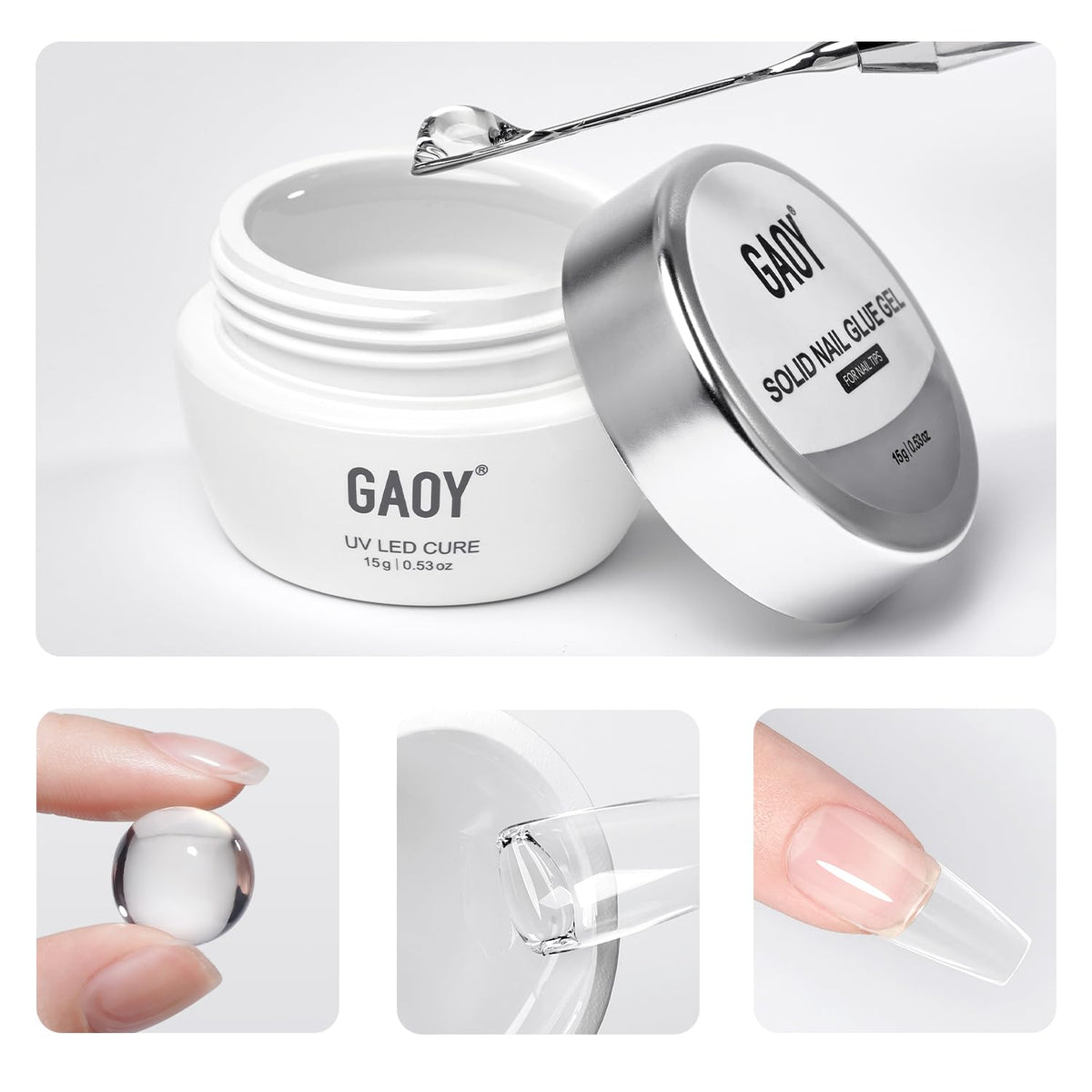 GAOY front packaging showing the solid nail glue gel with clear label and compact tube for convenience
