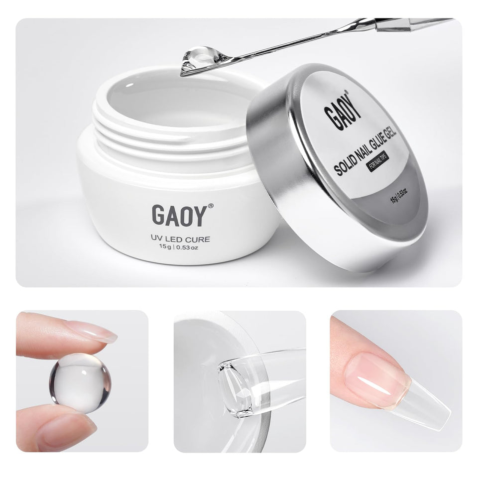 GAOY front packaging showing the solid nail glue gel with clear label and compact tube for convenience