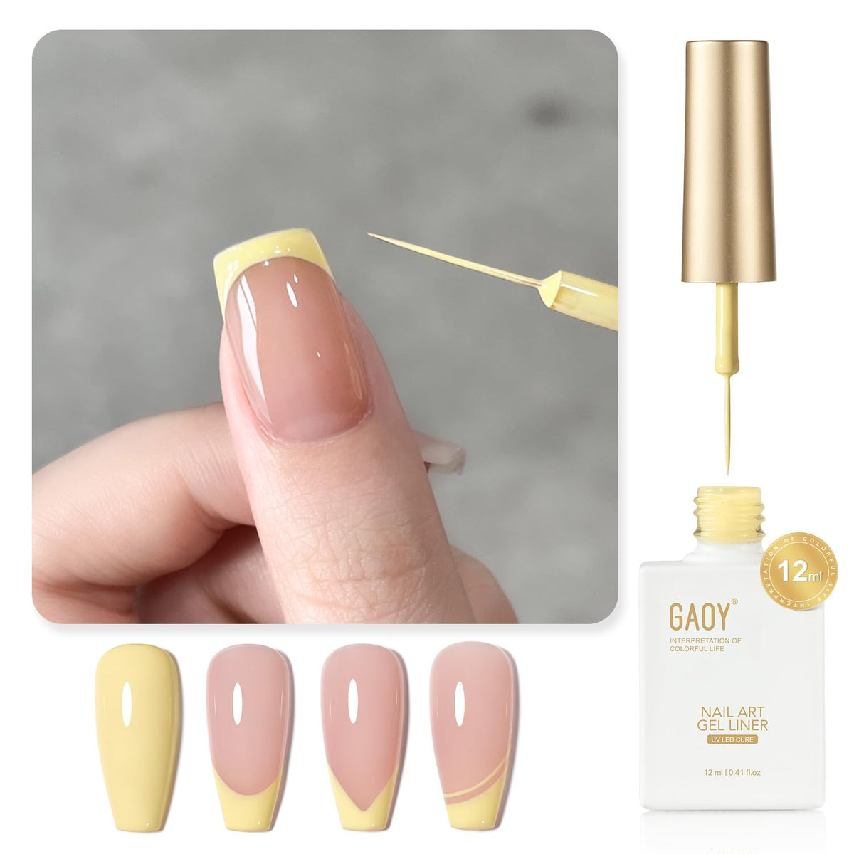 GAOY front packaging bottle showing pastel yellow gel liner and label benefits